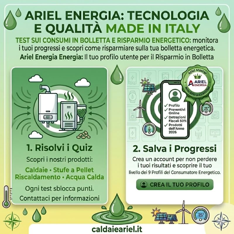 Dashboard del profilo CaldaieAriel Academy: classifica generale, punteggi ottenuti e badge esclusivi sull'efficienza energetica